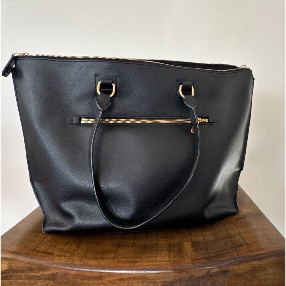 J.Crew Large Black Tote Bag Blue Interior Zip Top Shoulder Bag Work Travel